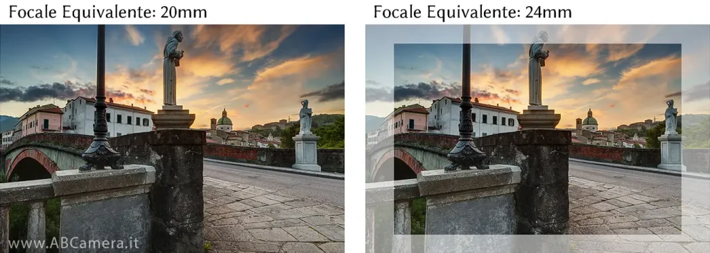 Schema che mostra la differenza fra una fotografia scattata alla focale di 20mm equivalenti ed una alla focale di 24mm equivalenti