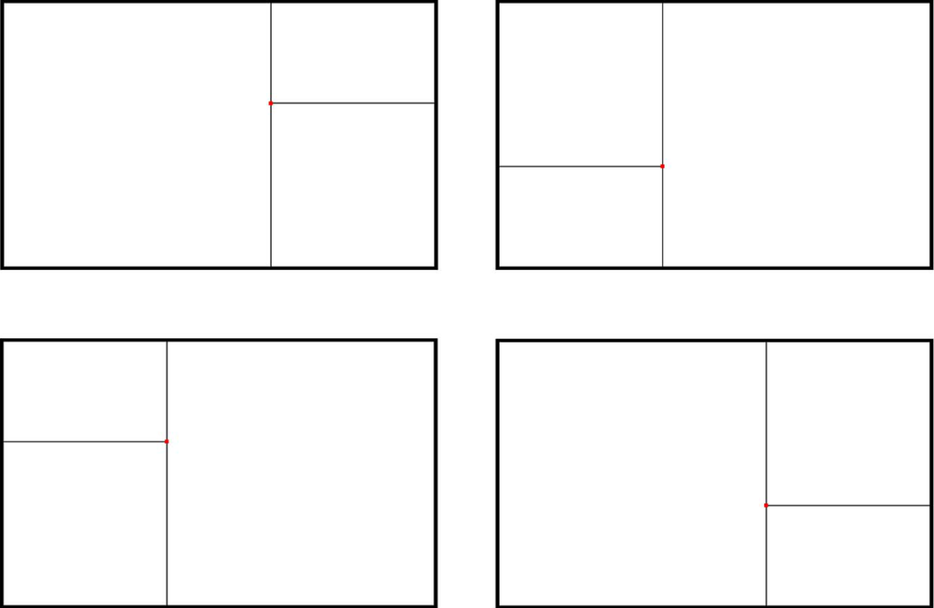 schema che mostra l'applicazione della sezione aurea con orientamenti diversi della fotografia